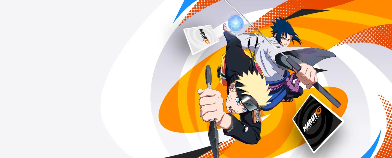 The NARUTO CARD GAME key visual, Naruto and Sasuke back to back on an orange and white spiral field with two cards
